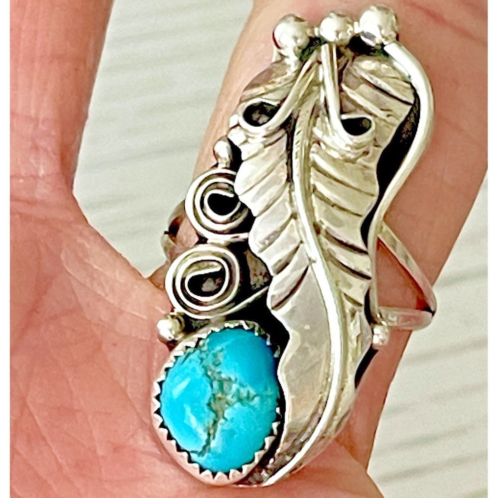 Long Navajo Turquoise Nugget Ring Sz 6 Sterling Leaf‎ Feather Signed RM Native
